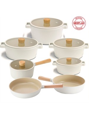 Neoflam Fika Alüminyum Döküm Cam Kapaklı 12 Parça Tencere & Tava Seti Bej 26 Wok 26 Tava