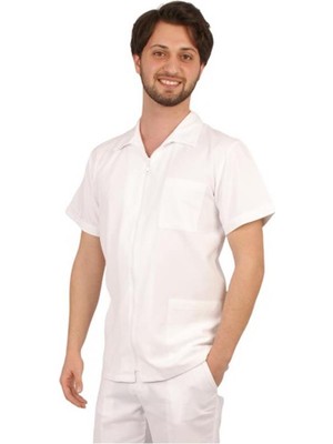 Emel Tekstil Doktor Erkek Beyaz Alpaka Kumaş Fermuarlı Üst Forma