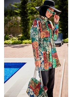 Riva Mera Tam Kapalı Tesettür Mayo Dijital Baskı Kadın Yazlık XL Astarı Olmadan