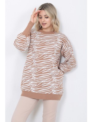 Kadın Triko Kazak Bisiklet Yaka Zebra Desenli Oversize Vizon