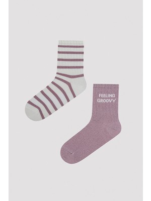 Parlak Çizgili Pembe 2li Soket Çorap