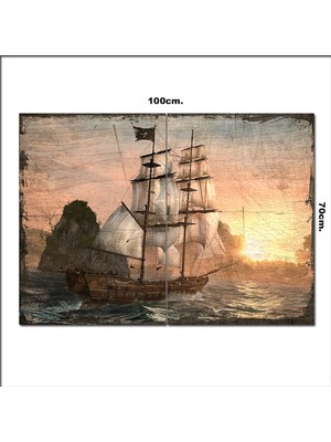 Bedeko Ahşap Tablo Yelkenli Gemi Dalgalar Baskılı 70*100CM