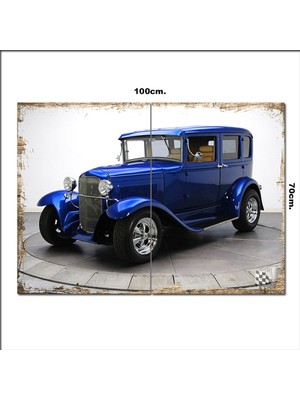 Bedeko Ahşap Tablo Mavi Renk Antika Otomobil  70*100CM