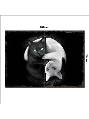 Bedeko Ahşap Tablo Yin Yang Cats Eskitme  70*100CM