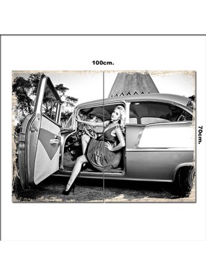 Bedeko Ahşap Tablo Siyah Beyaz Araba ve Kadın  70*100CM