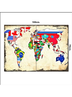Bedeko Ahşap Tablo Dünya Haritası ve Bayraklar  70*100CM