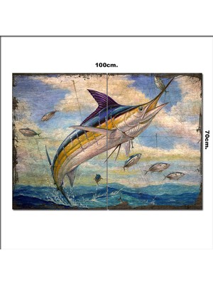 Bedeko Ahşap Tablo Avcı Kılıç Balığı Desenli 70*100CM