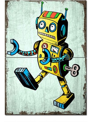 Bedeko Ahşap Tablo Retro Robot Toy Dekoratif Ahşap Tablo