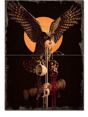 Bedeko Ahşap Tablo Baykuş ve Kahve Saati Hediyelik Mdf Tablo