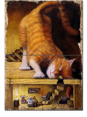 Bedeko Ahşap Tablo Farelere Bakan Kedi Dekoratif Ahşap Tablo