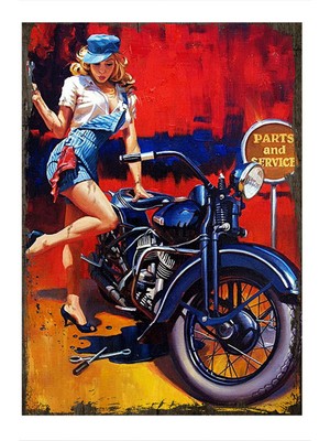 Bedeko Ahşap Tablo Retro Motorsikletçi Kız