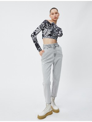Koton Yüksek Bel Lastikli Kot Pantolon Yüksek Bel Crop Düz Paça - Baggy Jean