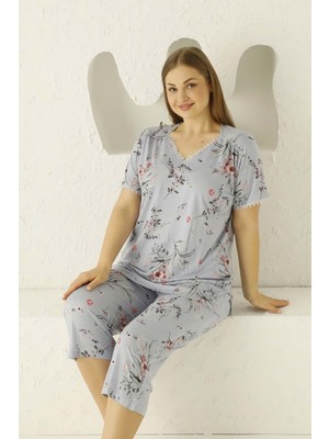 D Kit Boutique Büyük Beden Viskon Kısa Kol Mevsimlik Kadın Kapri Pijama Takım