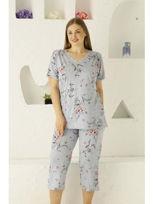 D Kit Boutique Büyük Beden Viskon Kısa Kol Mevsimlik Kadın Kapri Pijama Takım