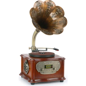 GR-50 Nostaljik Gramofon FM Radyolu 33/45 Devir Pikap Plak Çalar Bluetooth