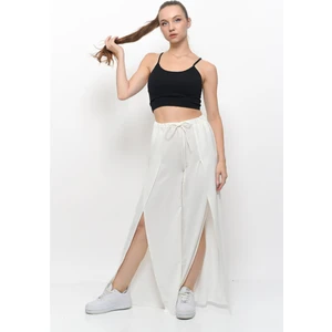 Kadın Keten Kumaş Önden Yırtmaçlı Beli Lastikli Bol Kalıp Pantolon Beyaz