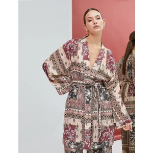 Etnik Desenli Kimono Beli Kuşak Detaylı