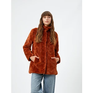 Peluş Mont Dik Yaka Cep Detaylı Astarlı