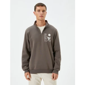 Yarım Fermuarlı Sweatshirt Slogan Baskılı Dik Yaka