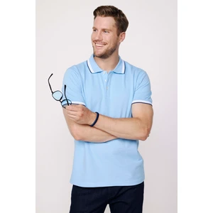 Erkek Polo Yaka Slim Fit Yaka ve Kol Şeritli Pike Mavi Tişört