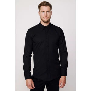 Modern Slim Fit Pamuklu Kolay Ütü Armürlü Siyah Erkek Gömlek