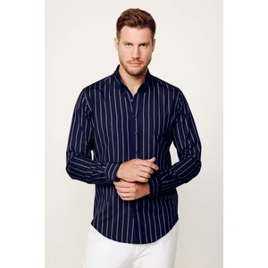 Slim Fit Pamuklu Kolay Ütü Çizgili Lacivert Erkek Gömlek