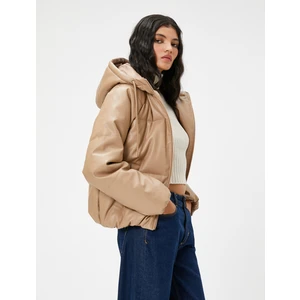 Şişme Mont Deri Görünümlü Kapüşonlu