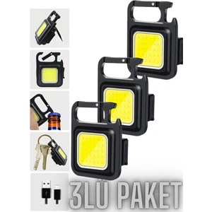 3 Adet LED Anahtarlıklı Metal Kasa El Feneri Şişe Açacağı Usb’li Şarj Edilebilir Cep Boy Cob 800MAH FW-14-3AD