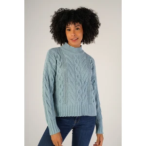 Trist Star Kadın Mavi Saç Örgülü Yarım Balıkçı Yaka Yün Kazak TRIST-6143