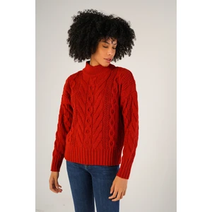 Trist Star Kadın Kırmızı Saç Örgülü Yarım Balıkçı Yaka Yün Kazak TRIST-6143