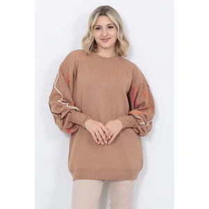 Kadın Triko Kazak Bisiklet Yaka Dalgalı Çizgi Desenli Oversize Vizon