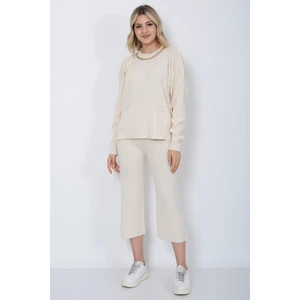 Kadın Triko Zincirli Cepli Kazak Pantolon Takım Oversize Taş