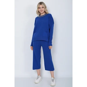 Kadın Triko Zincirli Cepli Kazak Pantolon Takım Oversize Mavi