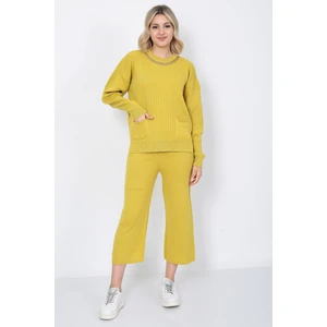 Kadın Triko Zincirli Cepli Kazak Pantolon Takım Oversize Hardal