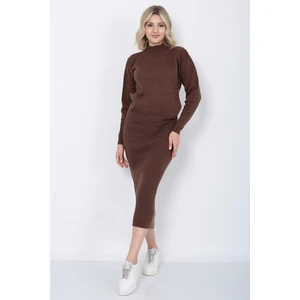 Kadın Triko Zikzak Çizgili Kazak ve Etek Takım Oversize Kahverengi