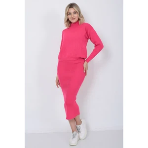 Kadın Triko Zikzak Çizgili Kazak ve Etek Takım Oversize Fujya