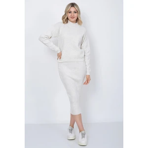 Kadın Triko Zikzak Çizgili Kazak ve Etek Takım Oversize Taş