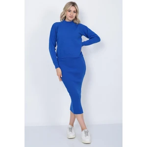 Kadın Triko Zikzak Çizgili Kazak ve Etek Takım Oversize Mavi