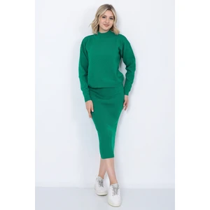 Kadın Triko Zikzak Çizgili Kazak ve Etek Takım Oversize Yeşil