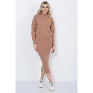 Kadın Triko Zikzak Çizgili Kazak ve Etek Takım Oversize Vizon