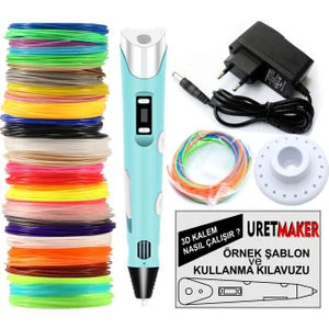 Mavi Renk 3D Pen Kalem Yazıcı ve 100 Metre Pla Filament (25 Renk x 4 Metre)