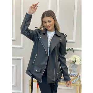 Kadın Oversize Siyah Kemerli Biker Deri Ceket