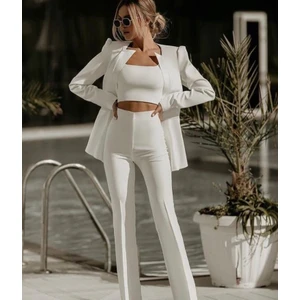 Mare Butik Beyaz Dalgıç Kumaş Içi Astarlı Büstiyer Ceket Pantolon 3lü Şık Takım Elbise