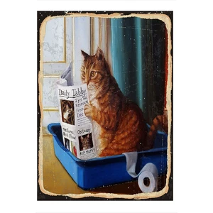 Tuvalette Gazete Okuyan Kedi Modern Ahşap Tablo
