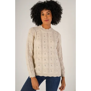 Trist Star Kadın Bej Pon Pon Desenli Ajurlu Bisiklet Yaka Yün Kazak TRIST-6146