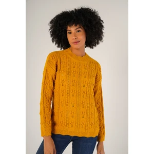 Trist Star Kadın Hardal Pon Pon Desenli Ajurlu Bisiklet Yaka Yün Kazak TRIST-6146