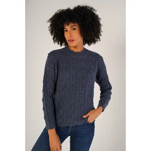 Trist Star Kadın İndigo Pon Pon Desenli Ajurlu Bisiklet Yaka Yün Kazak TRIST-6146