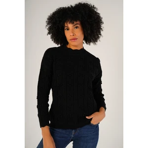 Trist Star Kadın Siyah Pon Pon Desenli Ajurlu Bisiklet Yaka Yün Kazak TRIST-6146