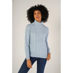 Trist Star Kadın Açık Mavi Saç Örgülü Balıkçı Yaka Yün Kazak TRIST-6148