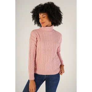 Trist Star Kadın Pembe Saç Örgülü Balıkçı Yaka Yün Kazak TRIST-6148